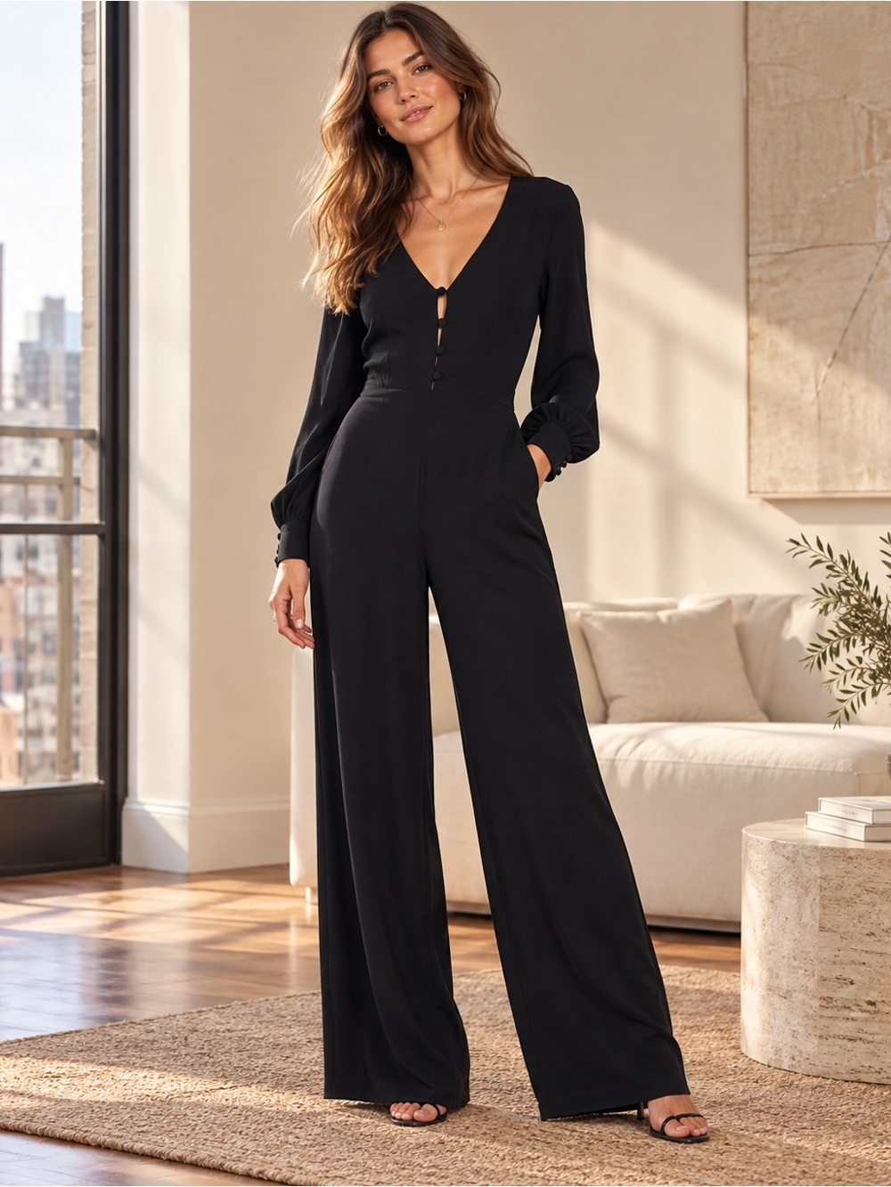 Reformation Black Wide Leg Jumpsuit Size 4 Long Sleeve Deep V Button Made USA